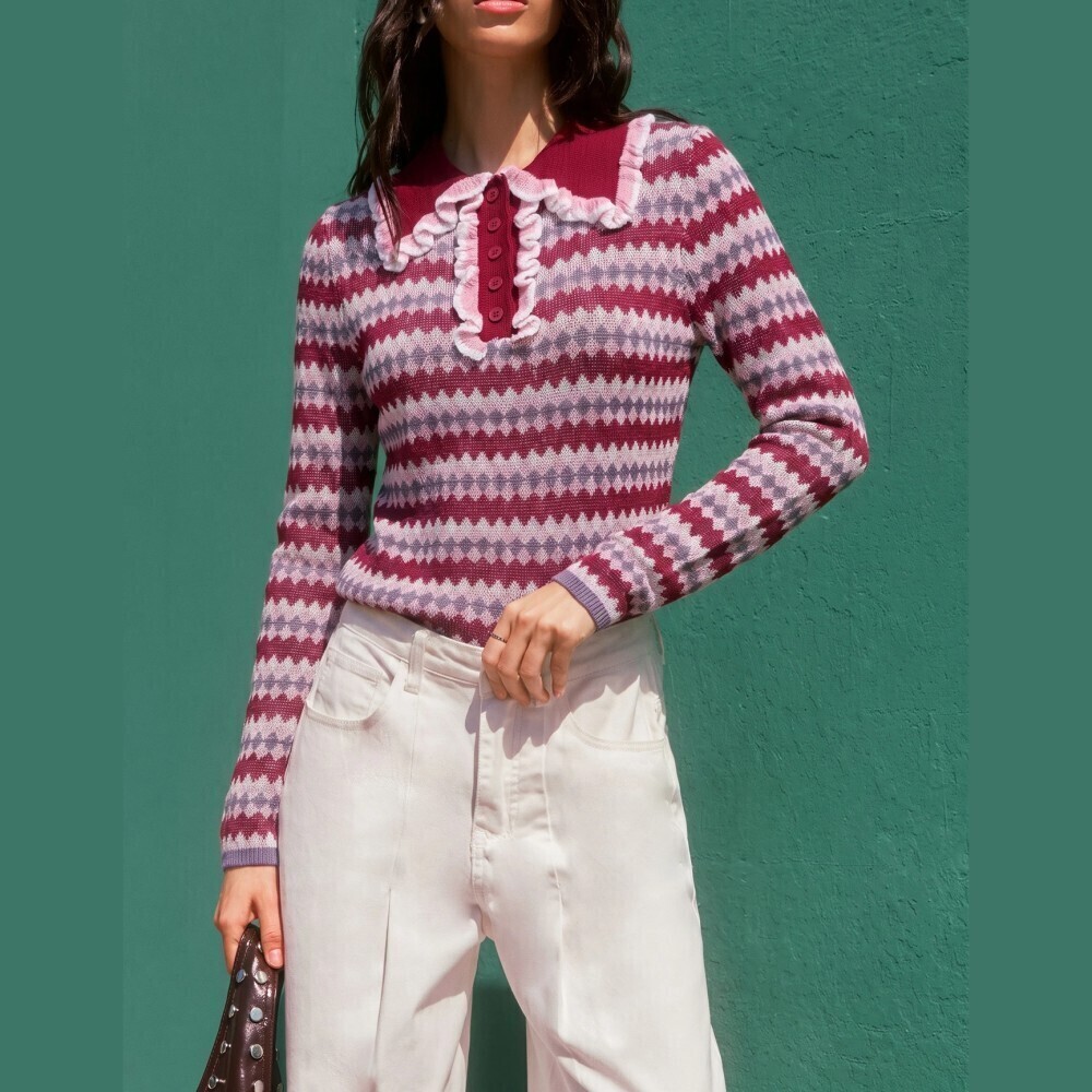Burgundy / Pink Fair Isle Ruffle Collar Button Front Polo Sweater